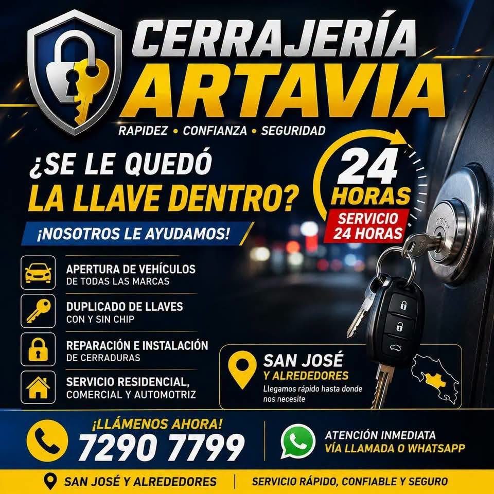 Cerrajería Artavia: apertura de vehículos, duplicado de llaves con y sin chip, reparación e instalación de cerraduras. Servicio 24 horas en San José. Teléfono 7290 7799.